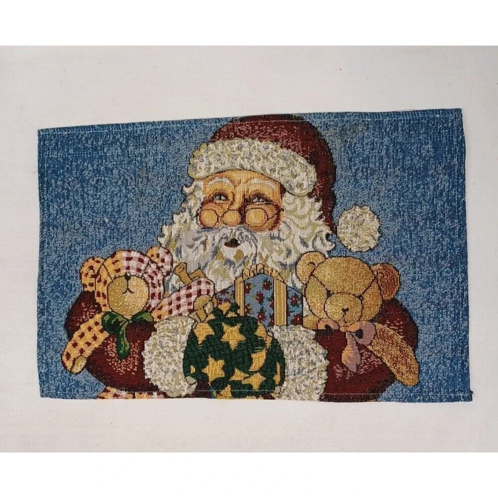 Vtg Christmas Santa Claus Teddy Bear Woven Tapestry Placemats Set of 4